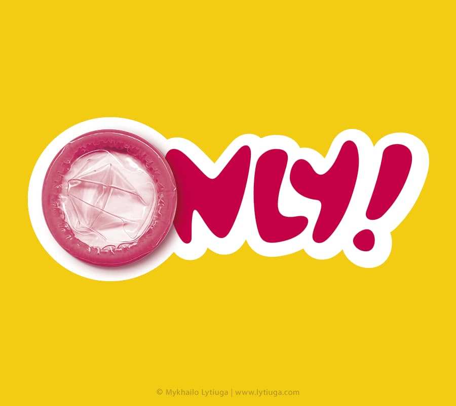 "Only with a condom" promotional logo design for a campaign, motivating youngsters to have safe sex with a condom